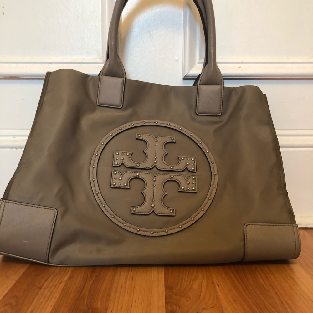 Tory Burch Ella studded tote gray taupe color